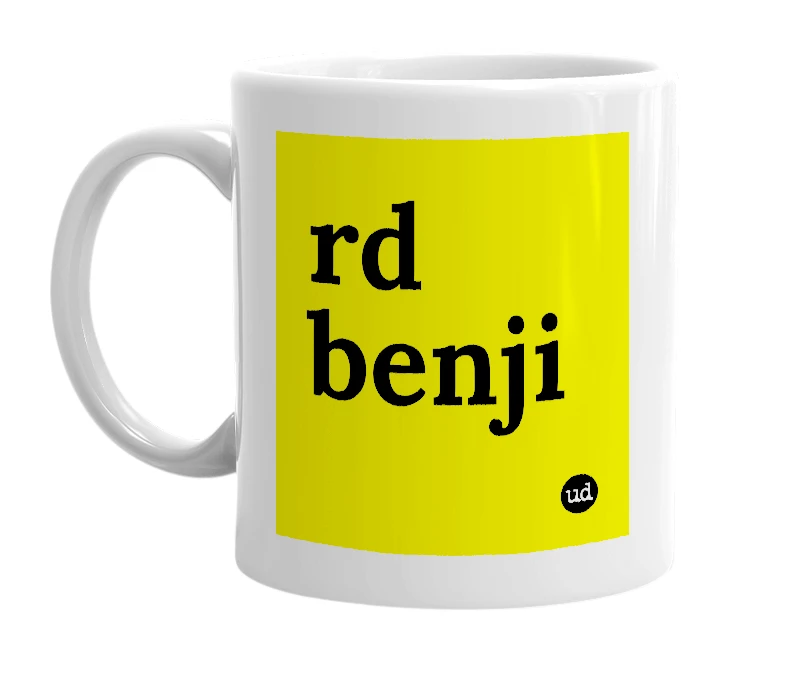 White mug with 'rd benji' in bold black letters