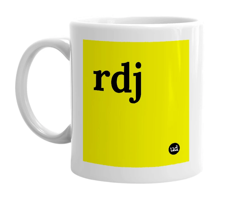 White mug with 'rdj' in bold black letters