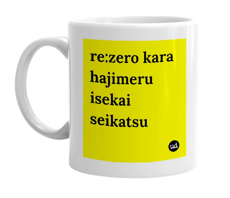 White mug with 're:zero kara hajimeru isekai seikatsu' in bold black letters
