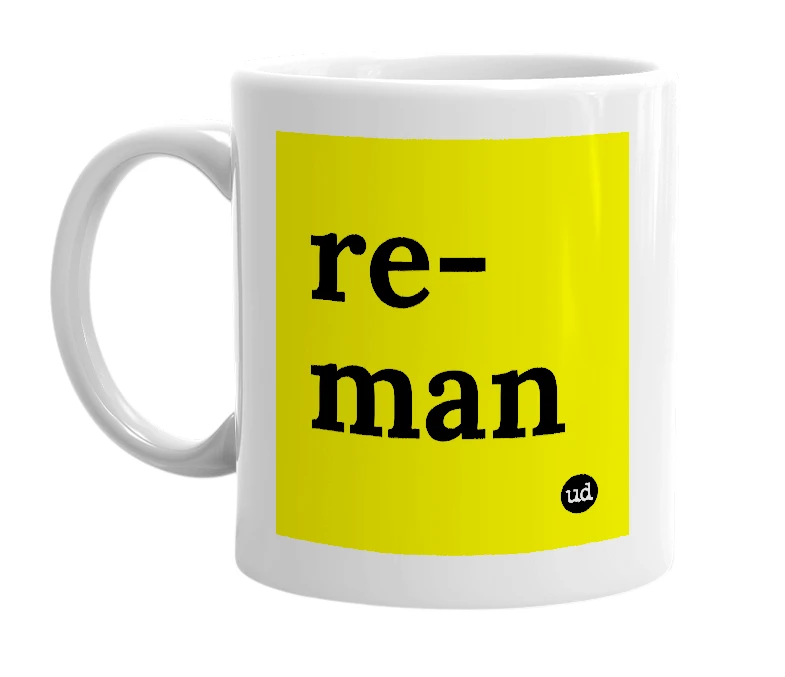 White mug with 're-man' in bold black letters