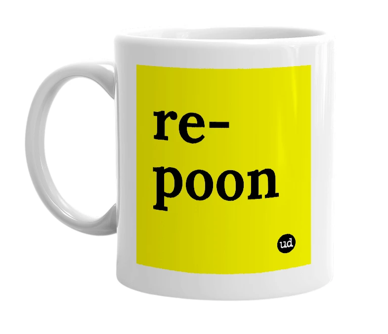 White mug with 're-poon' in bold black letters