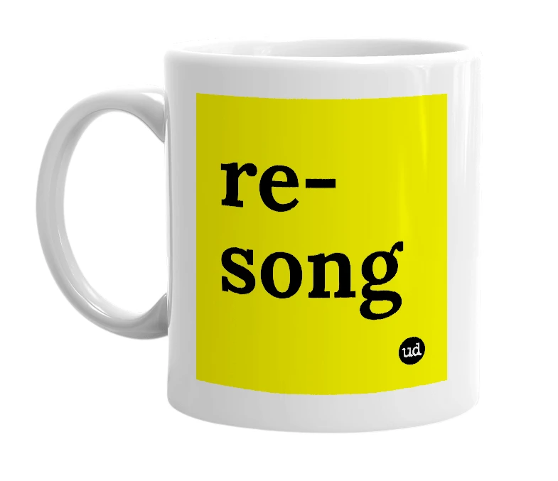 White mug with 're-song' in bold black letters