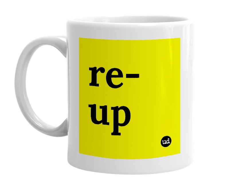 White mug with 're-up' in bold black letters