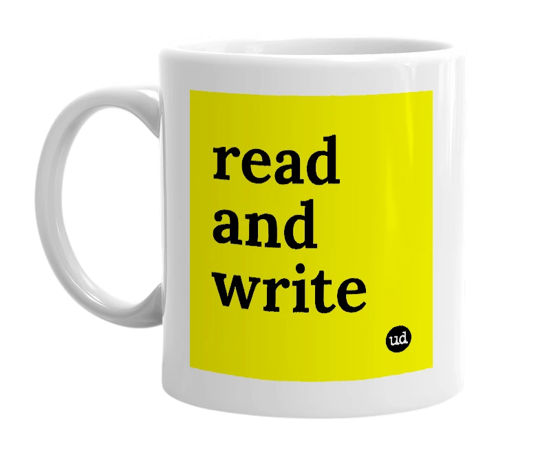 White mug with 'read and write' in bold black letters