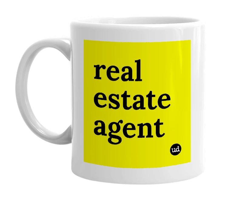 White mug with 'real estate agent' in bold black letters