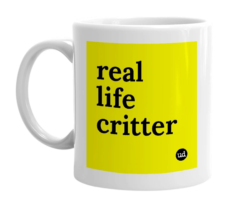 White mug with 'real life critter' in bold black letters