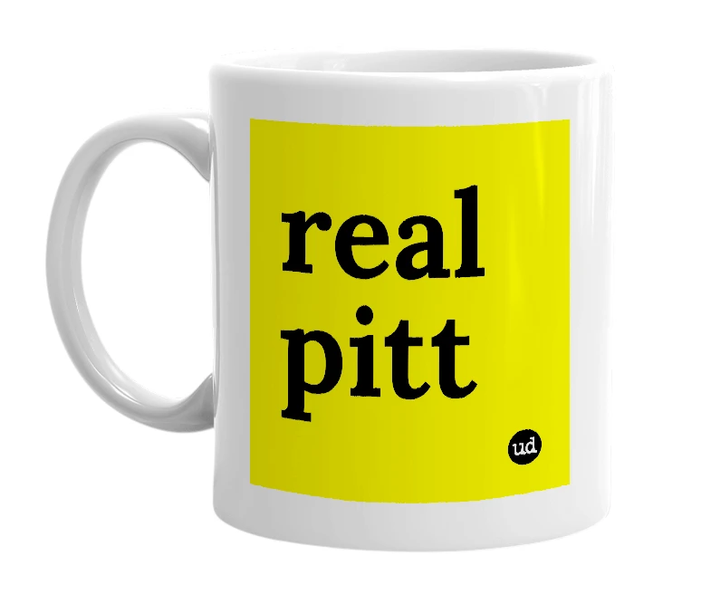 White mug with 'real pitt' in bold black letters