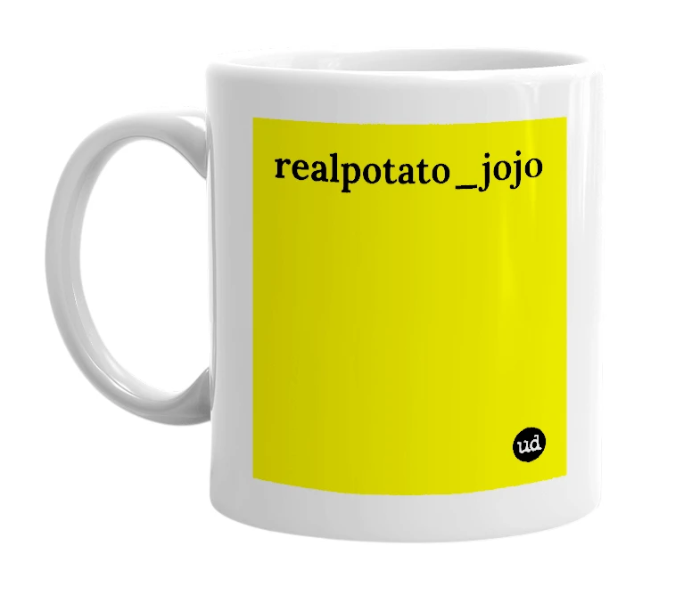 White mug with 'realpotato_jojo' in bold black letters