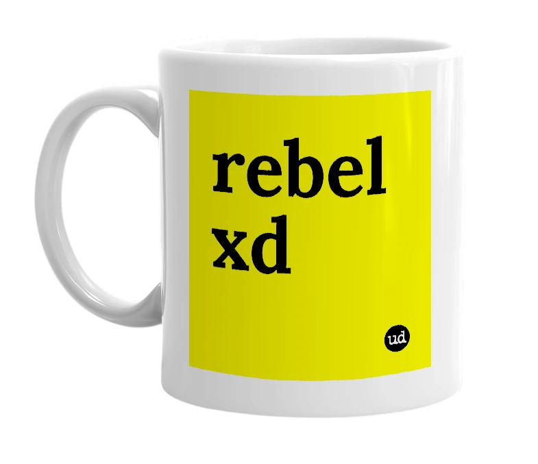 White mug with 'rebel xd' in bold black letters