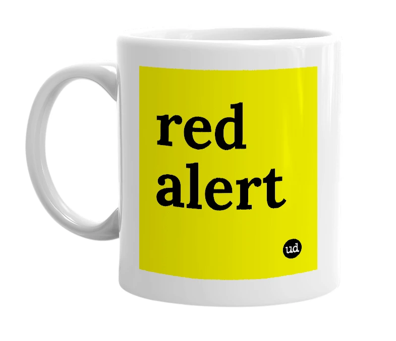 White mug with 'red alert' in bold black letters