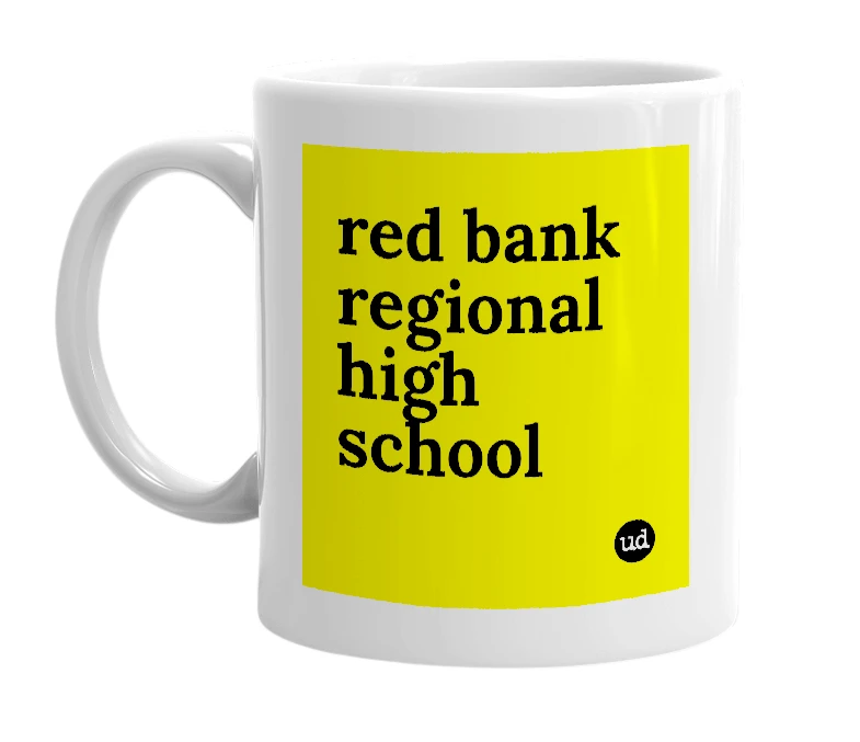 White mug with 'red bank regional high school' in bold black letters