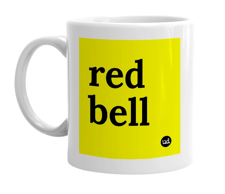 White mug with 'red bell' in bold black letters