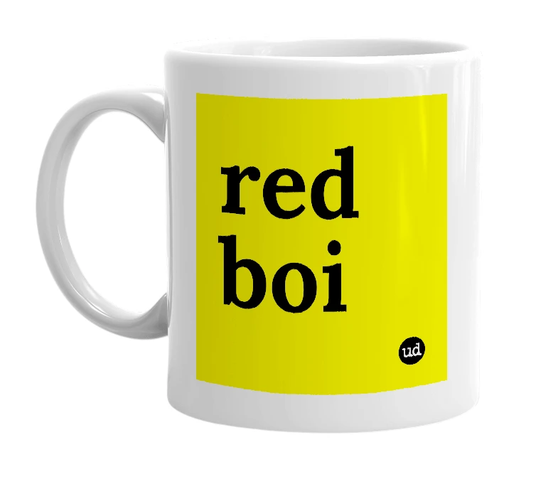 White mug with 'red boi' in bold black letters
