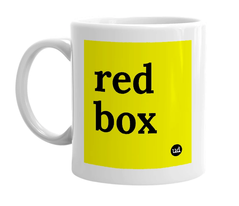 White mug with 'red box' in bold black letters