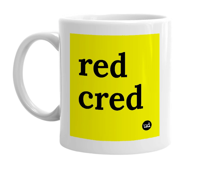 White mug with 'red cred' in bold black letters