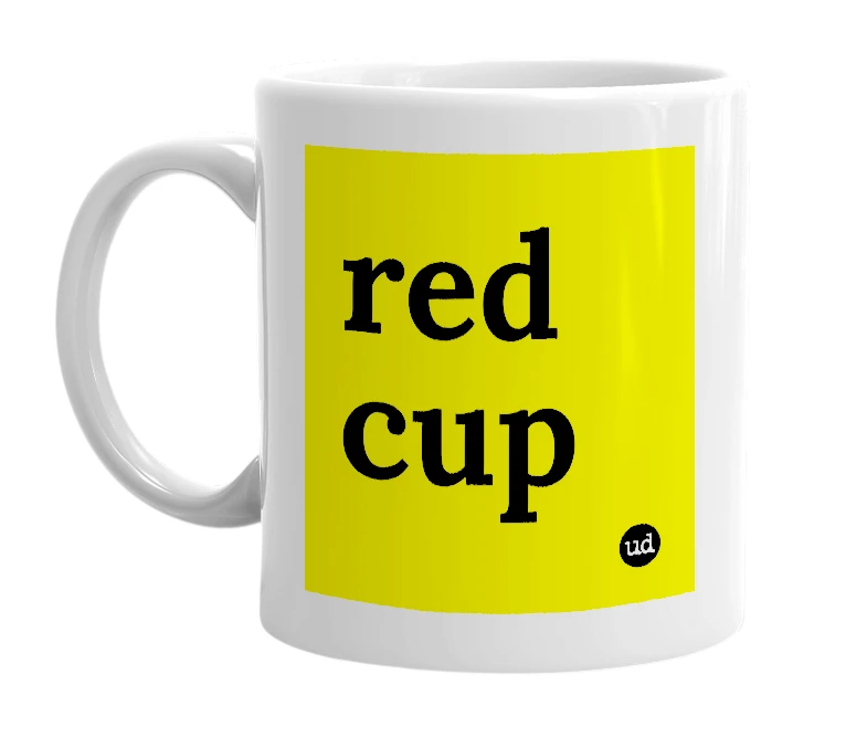 White mug with 'red cup' in bold black letters