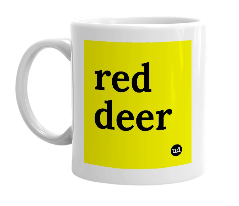 White mug with 'red deer' in bold black letters