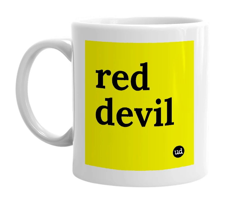 White mug with 'red devil' in bold black letters