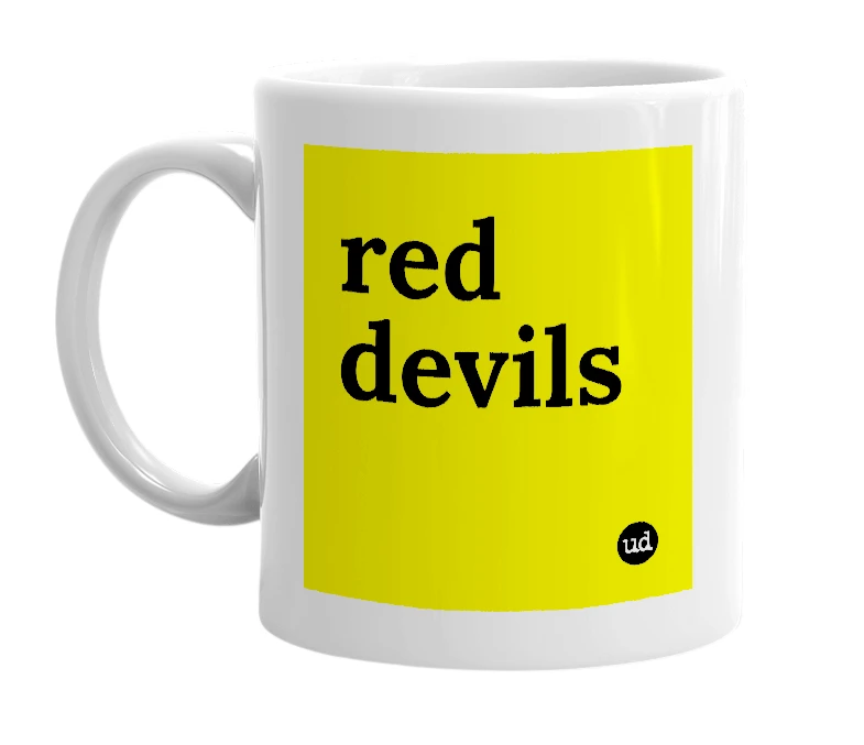 White mug with 'red devils' in bold black letters