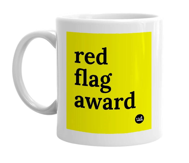 White mug with 'red flag award' in bold black letters