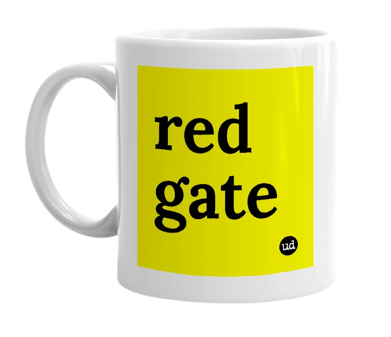 White mug with 'red gate' in bold black letters