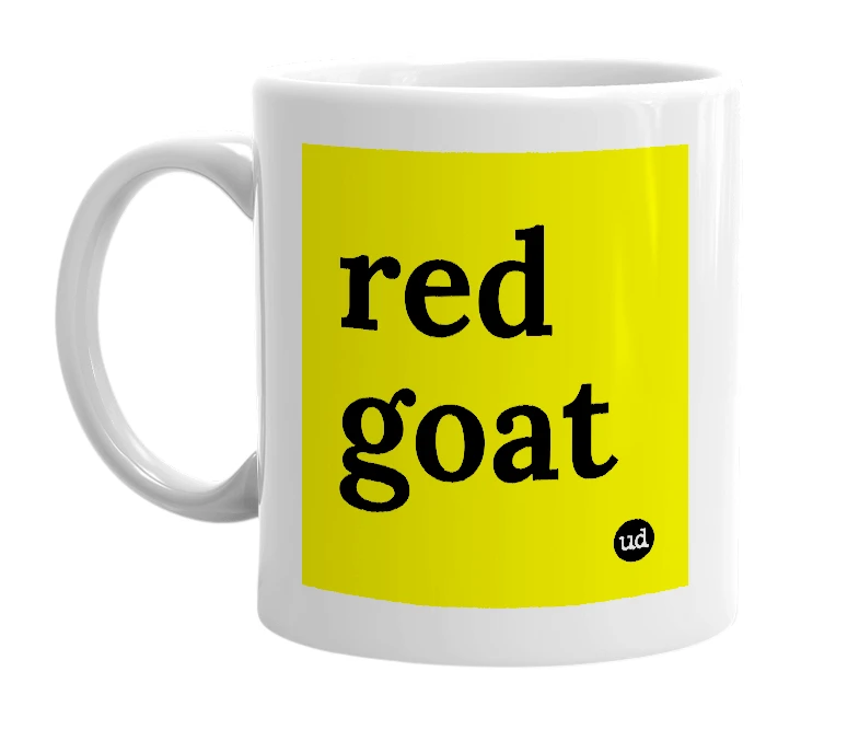 White mug with 'red goat' in bold black letters