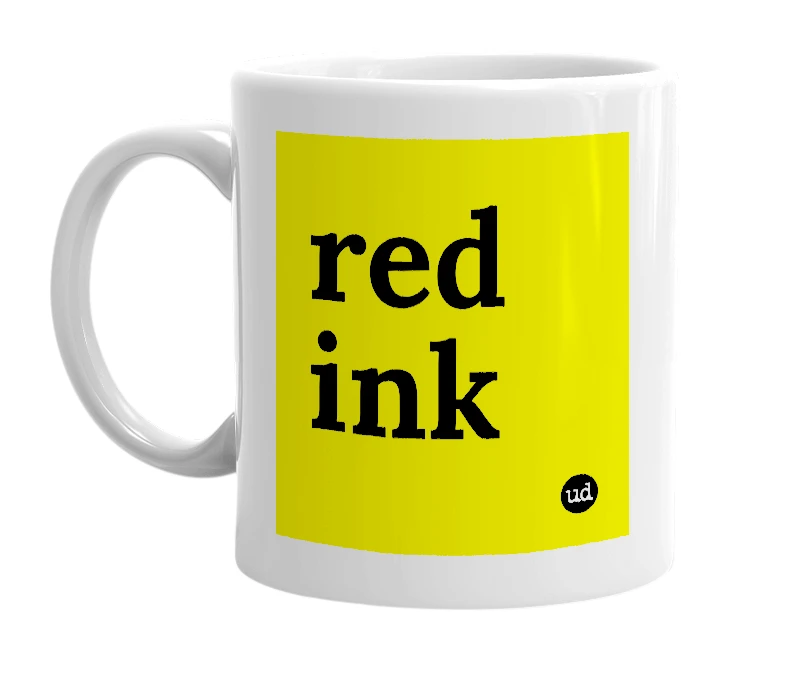 White mug with 'red ink' in bold black letters