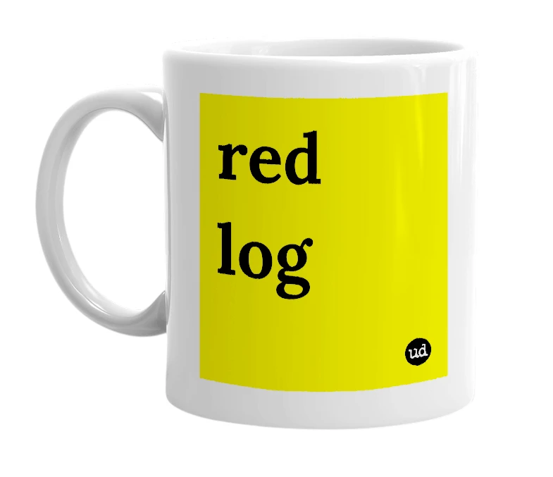 White mug with 'red log' in bold black letters