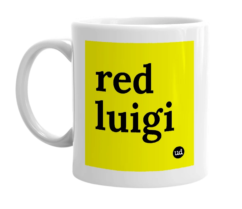 White mug with 'red luigi' in bold black letters