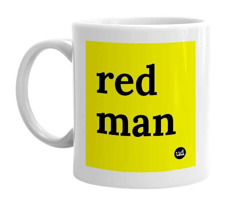 White mug with 'red man' in bold black letters