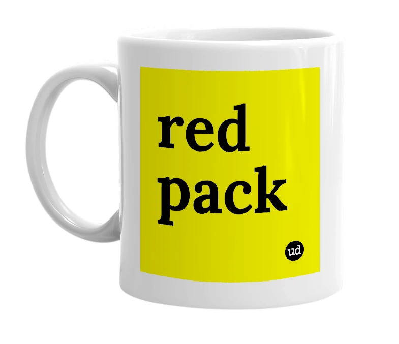 White mug with 'red pack' in bold black letters