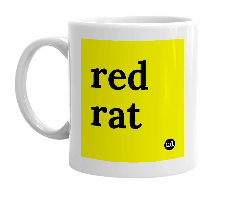 White mug with 'red rat' in bold black letters