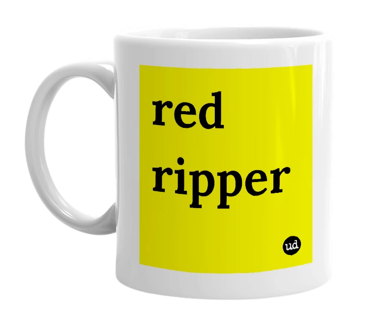 White mug with 'red ripper' in bold black letters