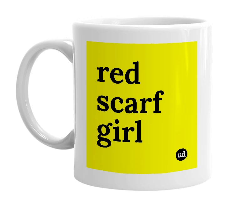 White mug with 'red scarf girl' in bold black letters