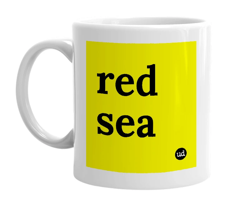 White mug with 'red sea' in bold black letters