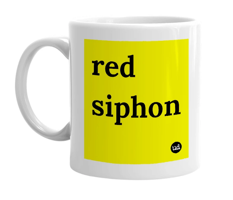 White mug with 'red siphon' in bold black letters
