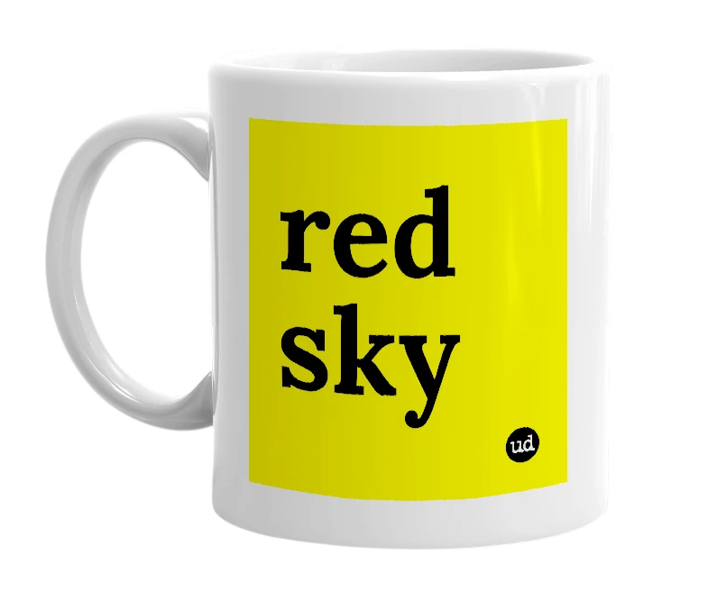 White mug with 'red sky' in bold black letters