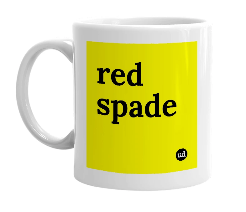 White mug with 'red spade' in bold black letters