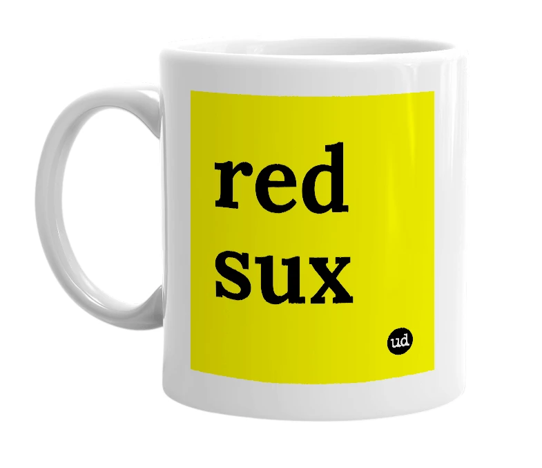 White mug with 'red sux' in bold black letters