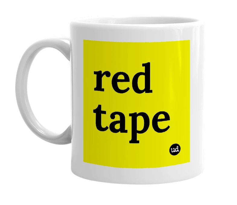 White mug with 'red tape' in bold black letters