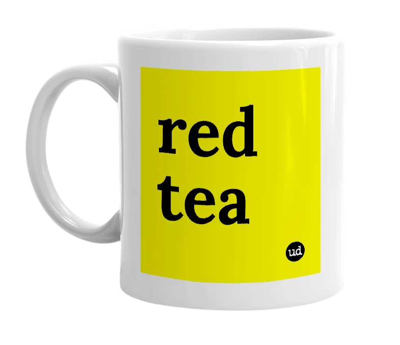 White mug with 'red tea' in bold black letters