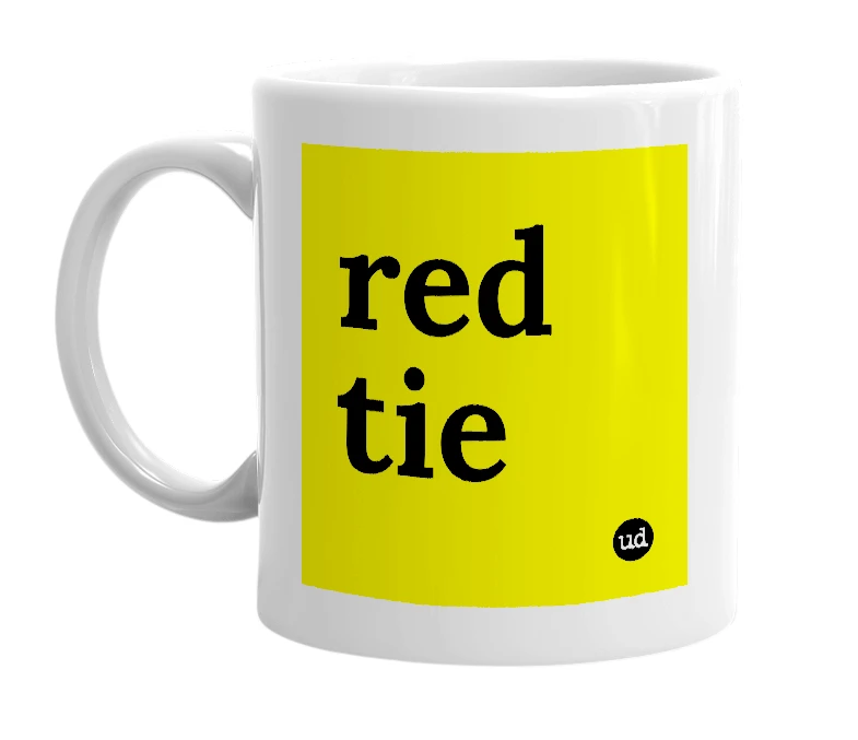 White mug with 'red tie' in bold black letters