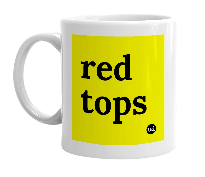 White mug with 'red tops' in bold black letters