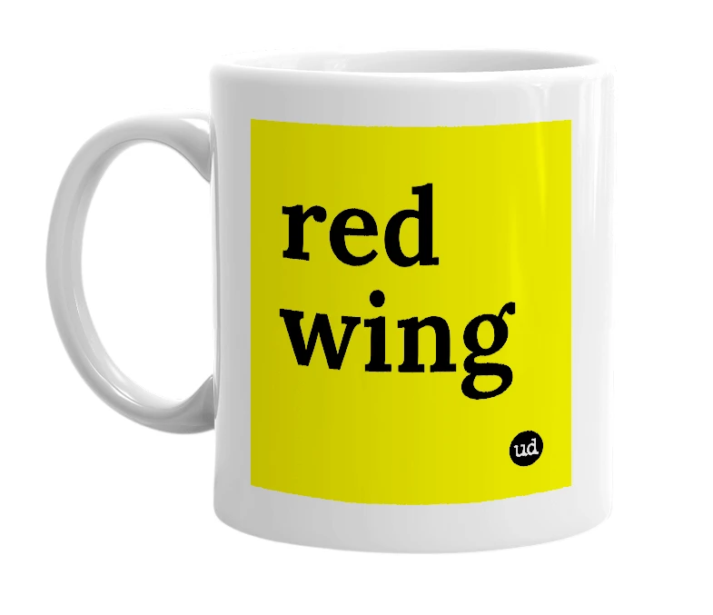 White mug with 'red wing' in bold black letters