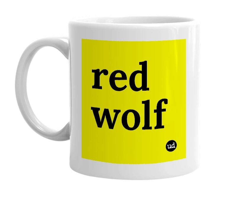 White mug with 'red wolf' in bold black letters