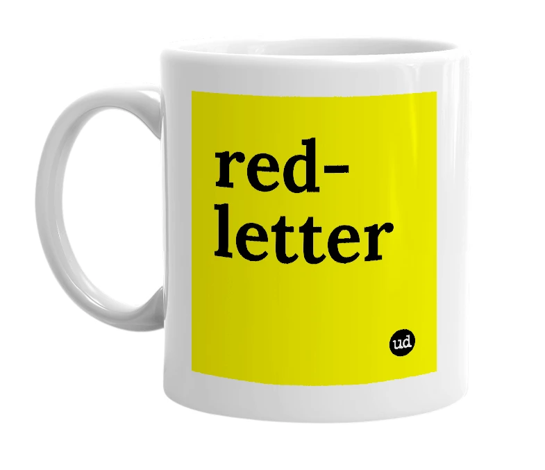 White mug with 'red-letter' in bold black letters