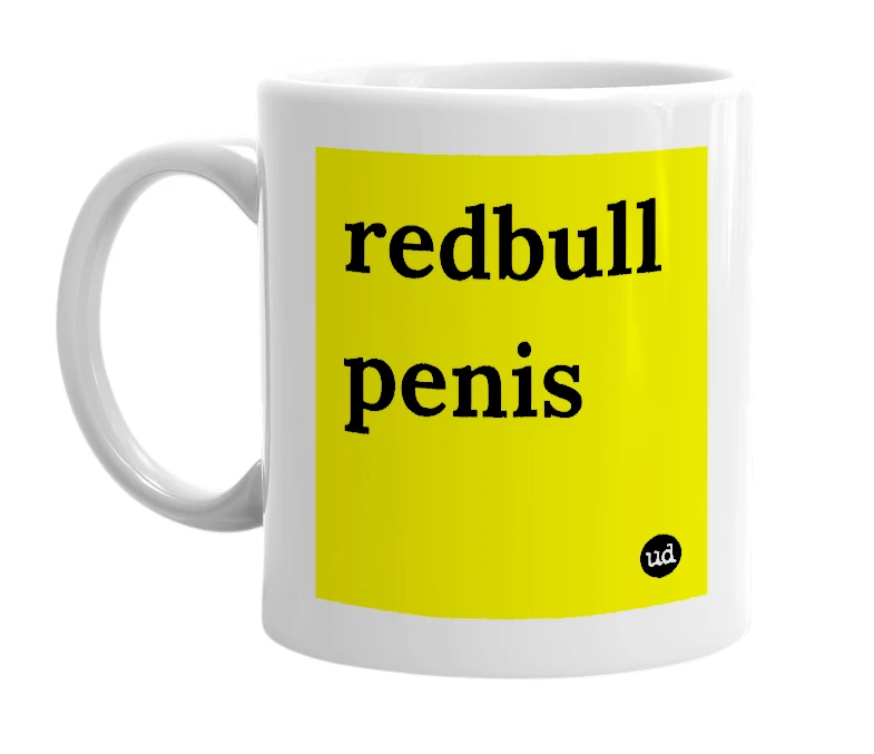 White mug with 'redbull penis' in bold black letters