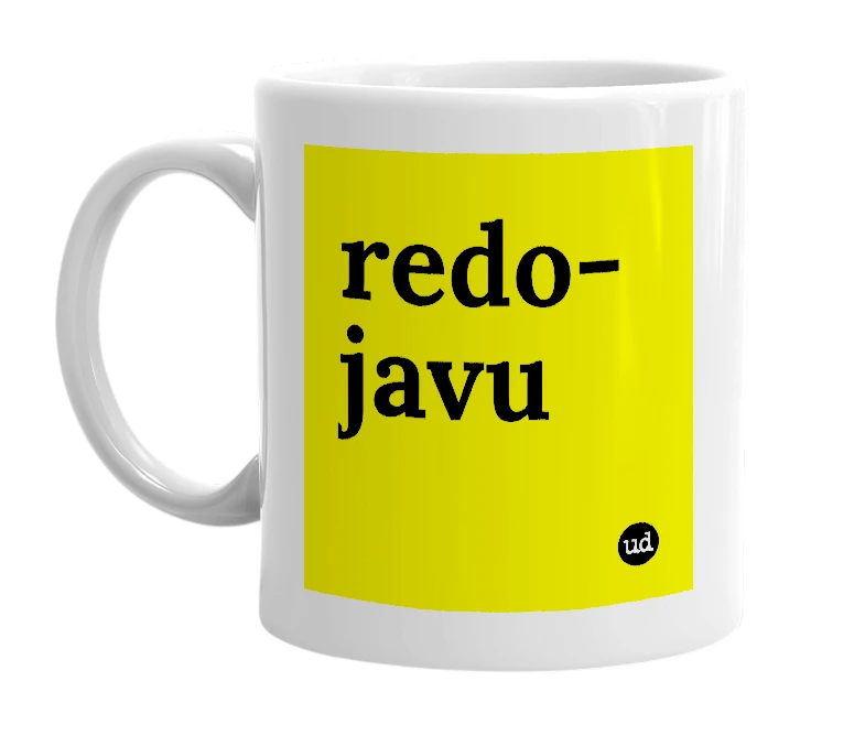 White mug with 'redo-javu' in bold black letters