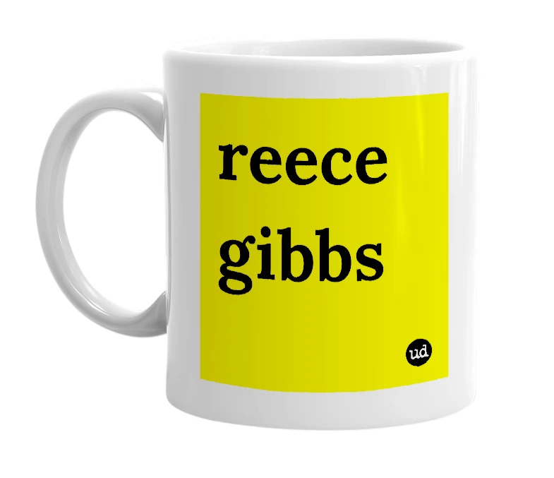 White mug with 'reece gibbs' in bold black letters