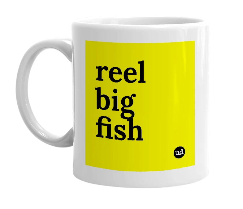 White mug with 'reel big fish' in bold black letters